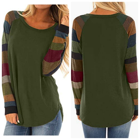 Tops - Dark Olive Green Color Block Sleeve Top